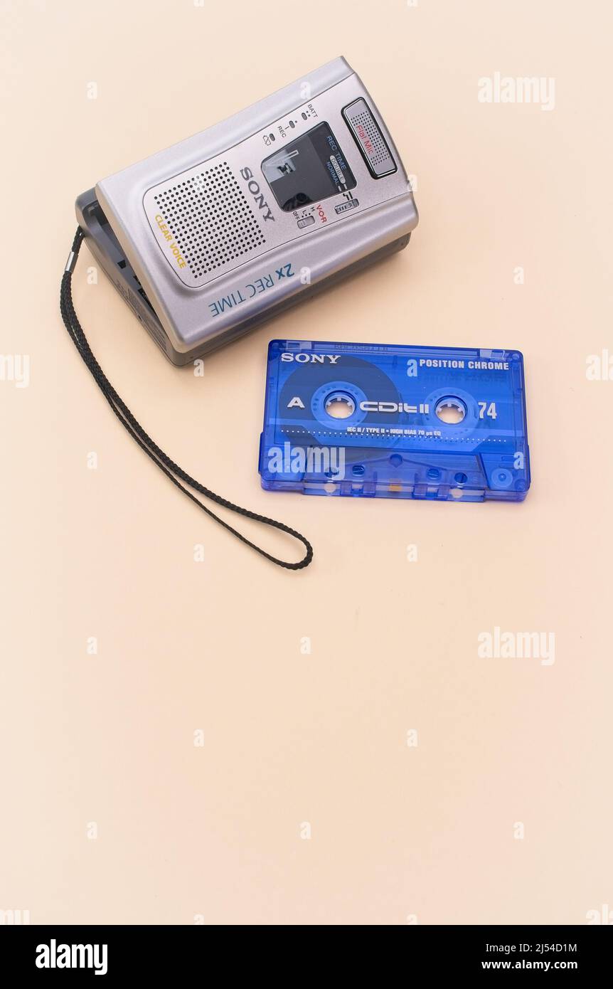 Vintage Compact Cassette Tape player and recorder with cassette tape on