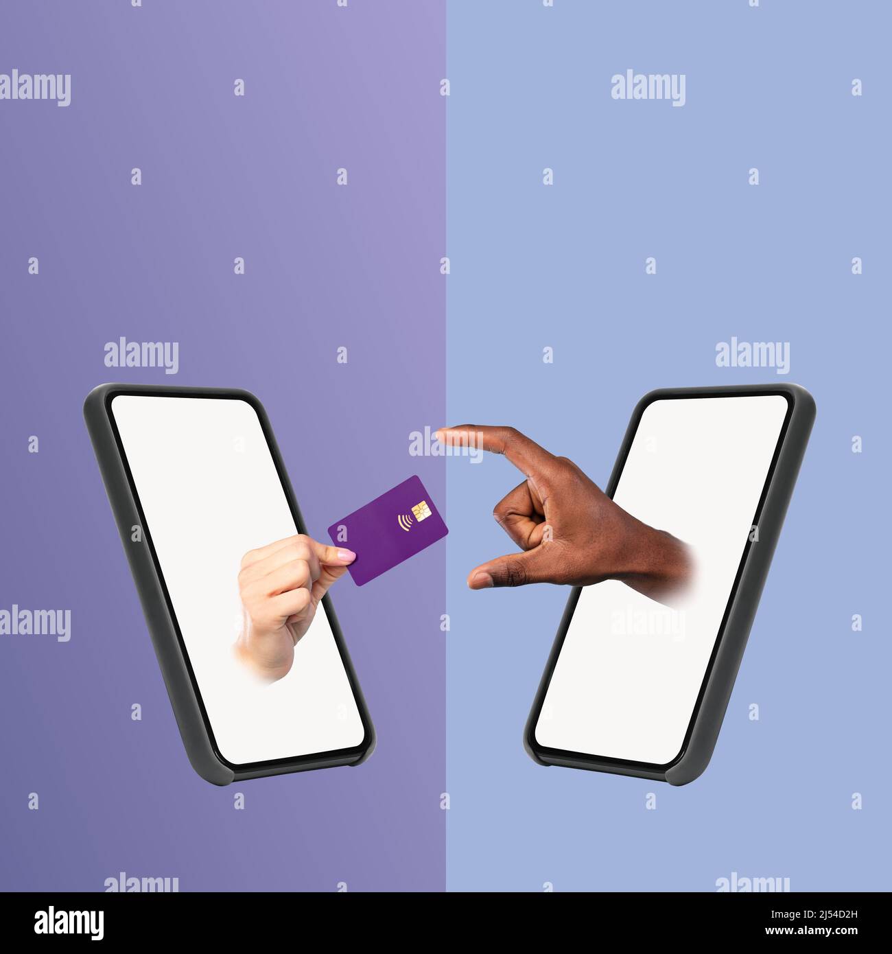 Hand In Smartphone Screen Giving Credit Card Over Blue Background Stock Photo