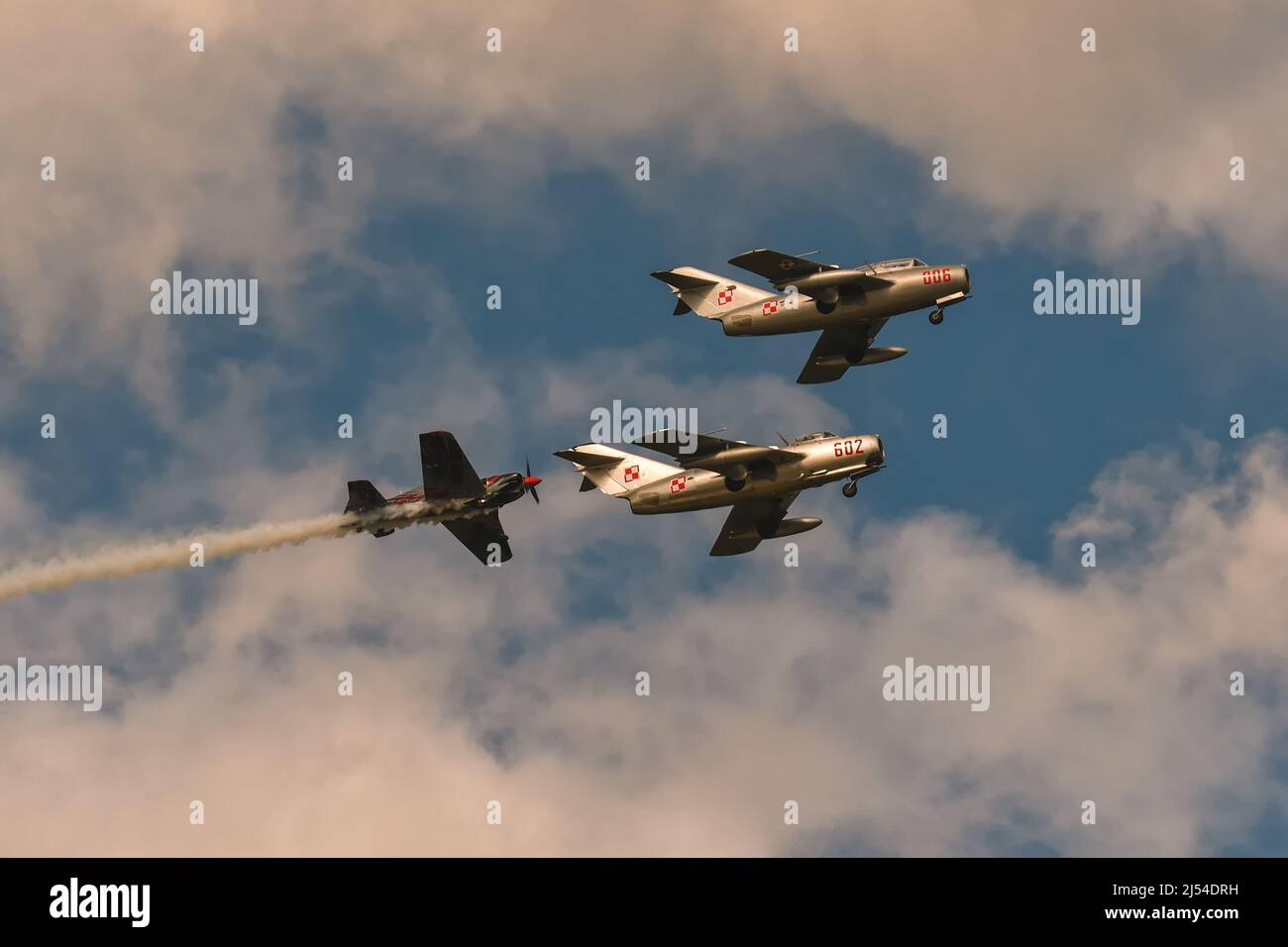 Gdynia, Poland - August 22, 2021: Flight of MIG-15 and XtremeAir XA-41 planes at the Aero Baltic show in Gdynia, Poland. Stock Photo