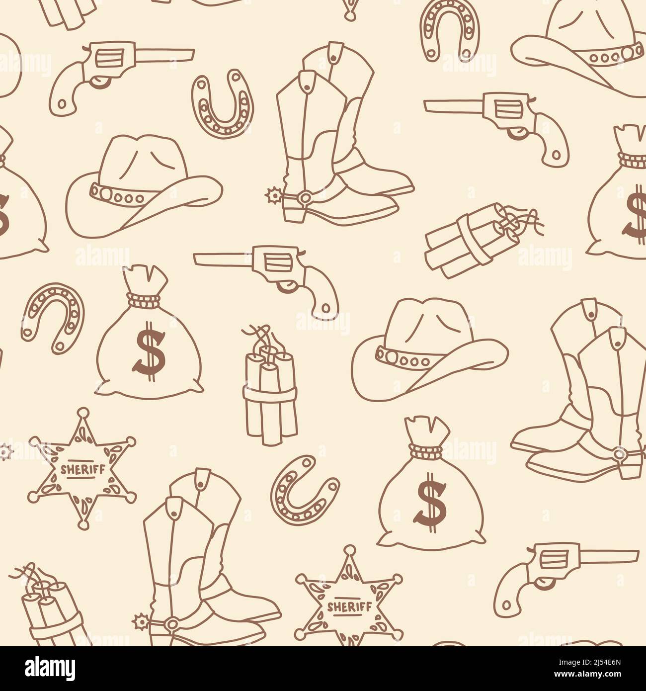 Cowboy Sheriff Wild West seamless vector pattern. Cowboy boots and hat, money bag, dynamite, sheriff star repeating background. Wild West design for Stock Vector