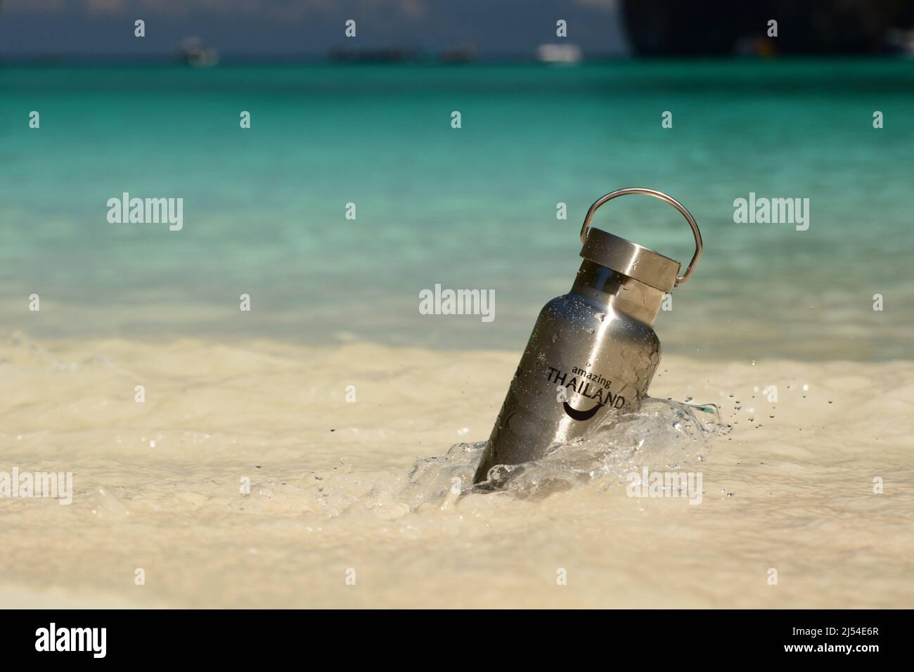 Bottle on Maya bay. Phi Phi islands. Thailand Stock Photo