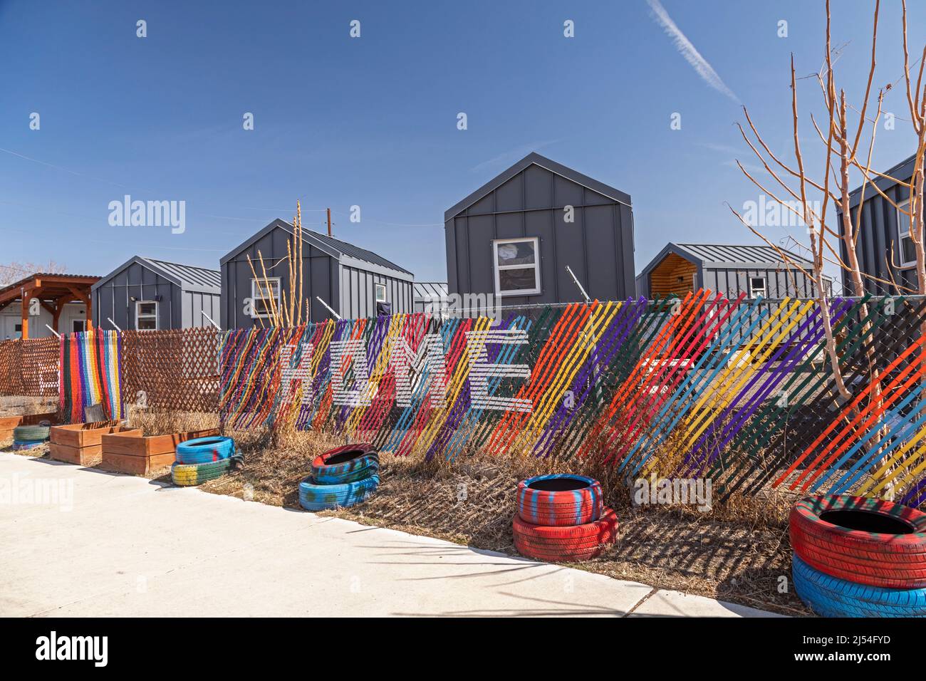 Denver, Colorado - Tiny houses, built by the Colorado Village Collaborative for the homeless. The Beloved Community Village is intended to be temporar Stock Photo