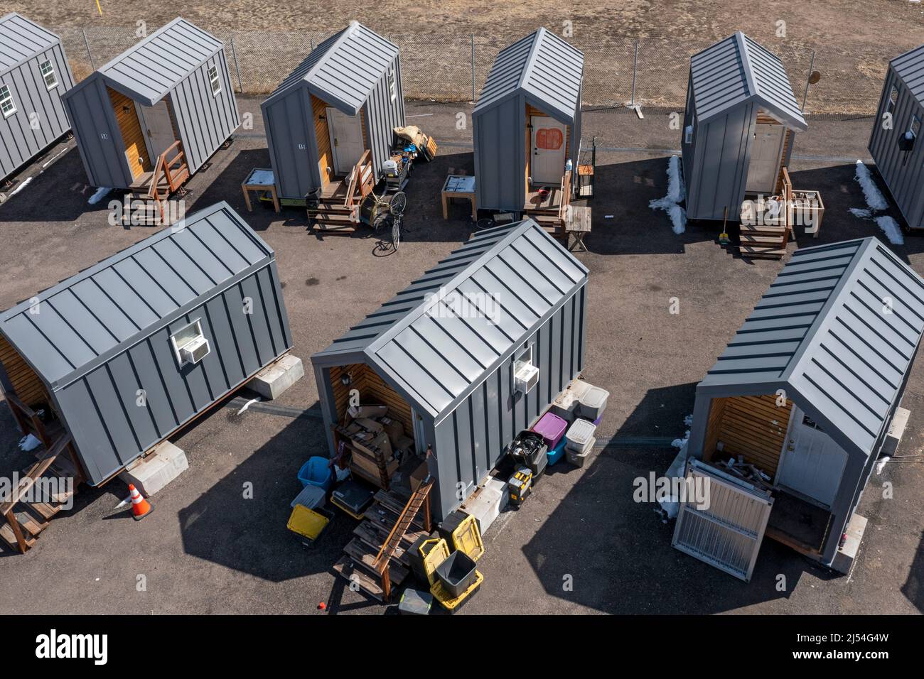 Denver, Colorado - Tiny houses, built by the Colorado Village Collaborative for the homeless. The Beloved Community Village is intended to be temporar Stock Photo