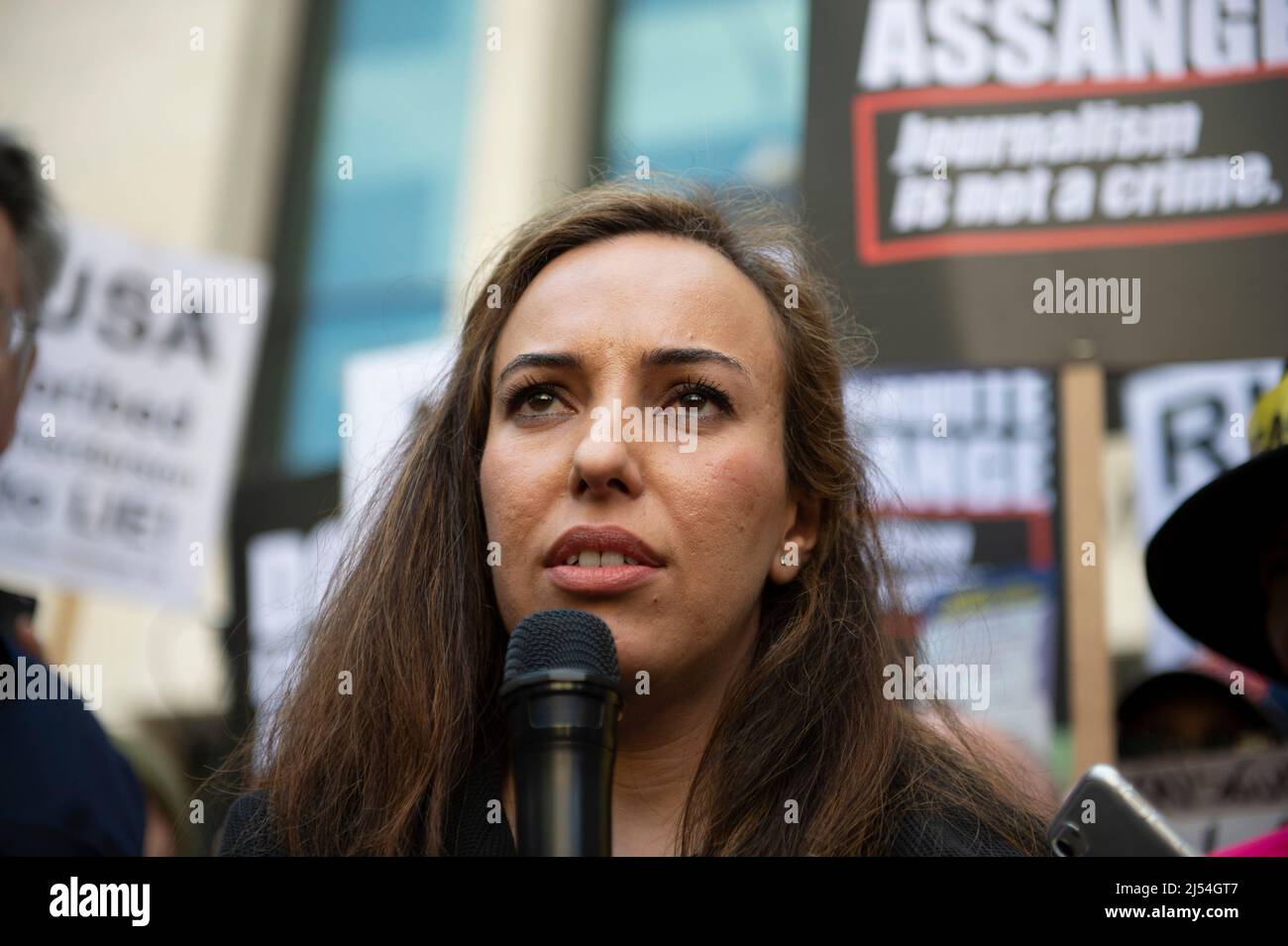 London, UK, London, UK. 20th Apr, 2022. Stella Assange, wife of WikiLeaks Co-founder Julian Assange speaks outside Westminister Magistrates Court following formal approval for the extradition of Julian Assange to the US on espionage charges, a decision to be made by the UK home secretary, Priti Patel. Credit: claire doherty/Alamy Live News Stock Photo