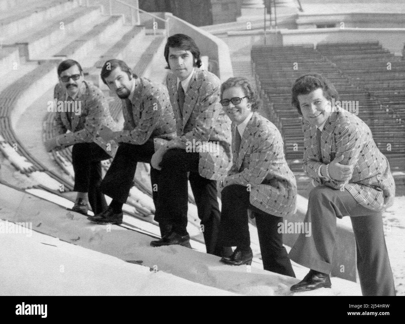 Romanian music band 'Perpetuum Mobile', approx. 1975. From left to right: Ion Prisada, Mihai Viziru, Marius Țeicu, Ion Cristinoiu, & Mihai Dumbravă. Stock Photo