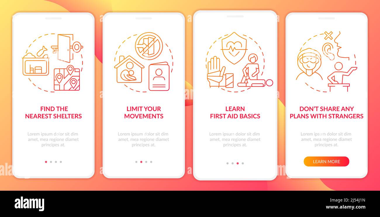 Actions to stay safe at war red gradient onboarding mobile app screen ...