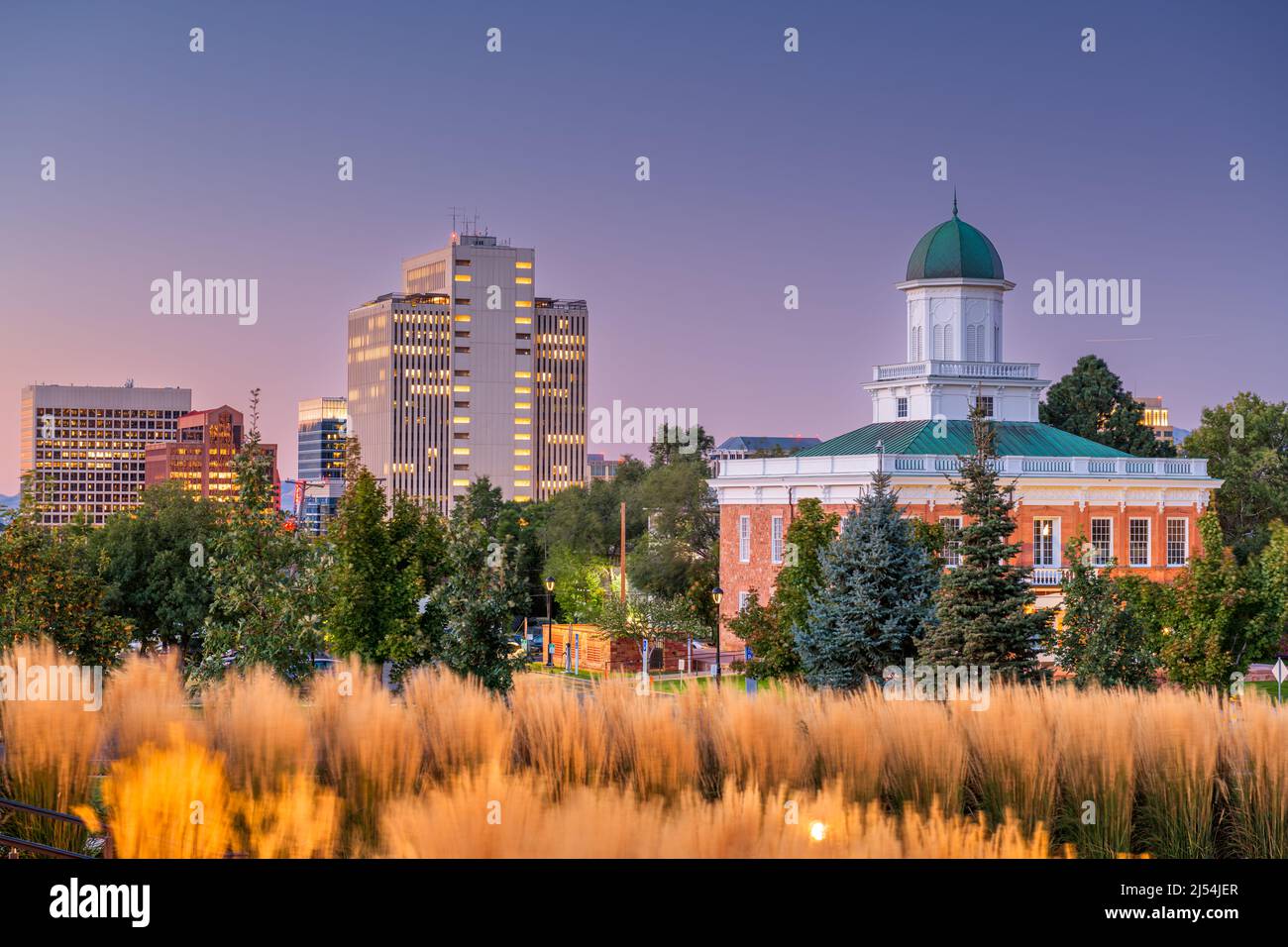 Salt Lake City, Utah, USA park and cityscape at twilight Stock Photo