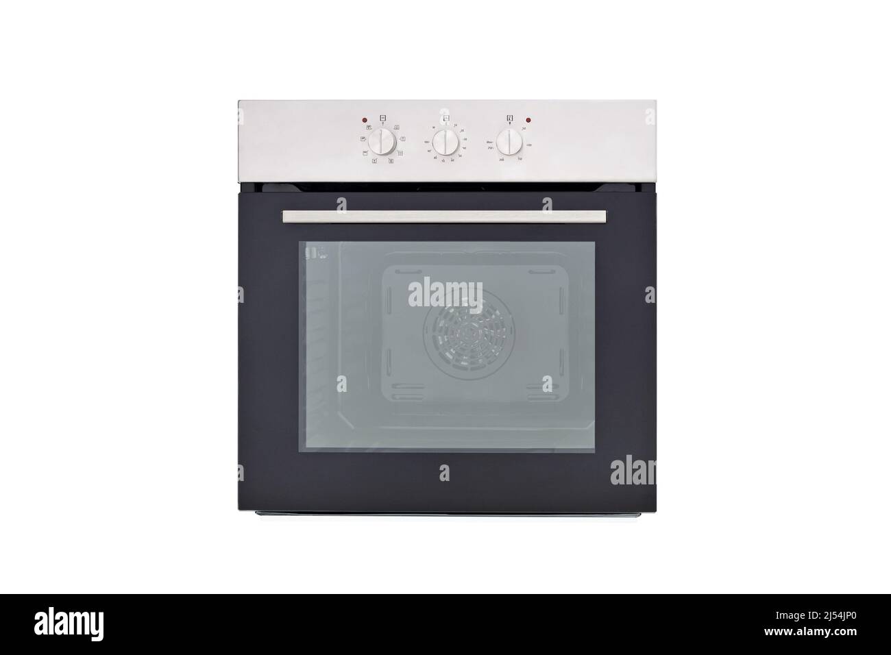 Black oven with silver top, with closed door and with three control knobs, front view, isolate on white Stock Photo