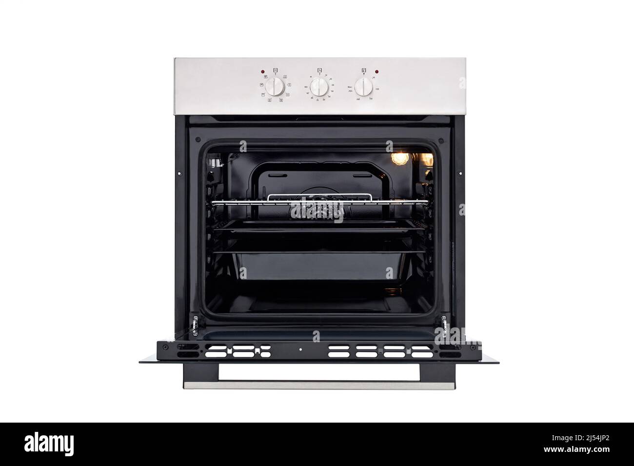 Black oven with silver top, three control knobs. Open door, three trays and lights on. Front view Stock Photo