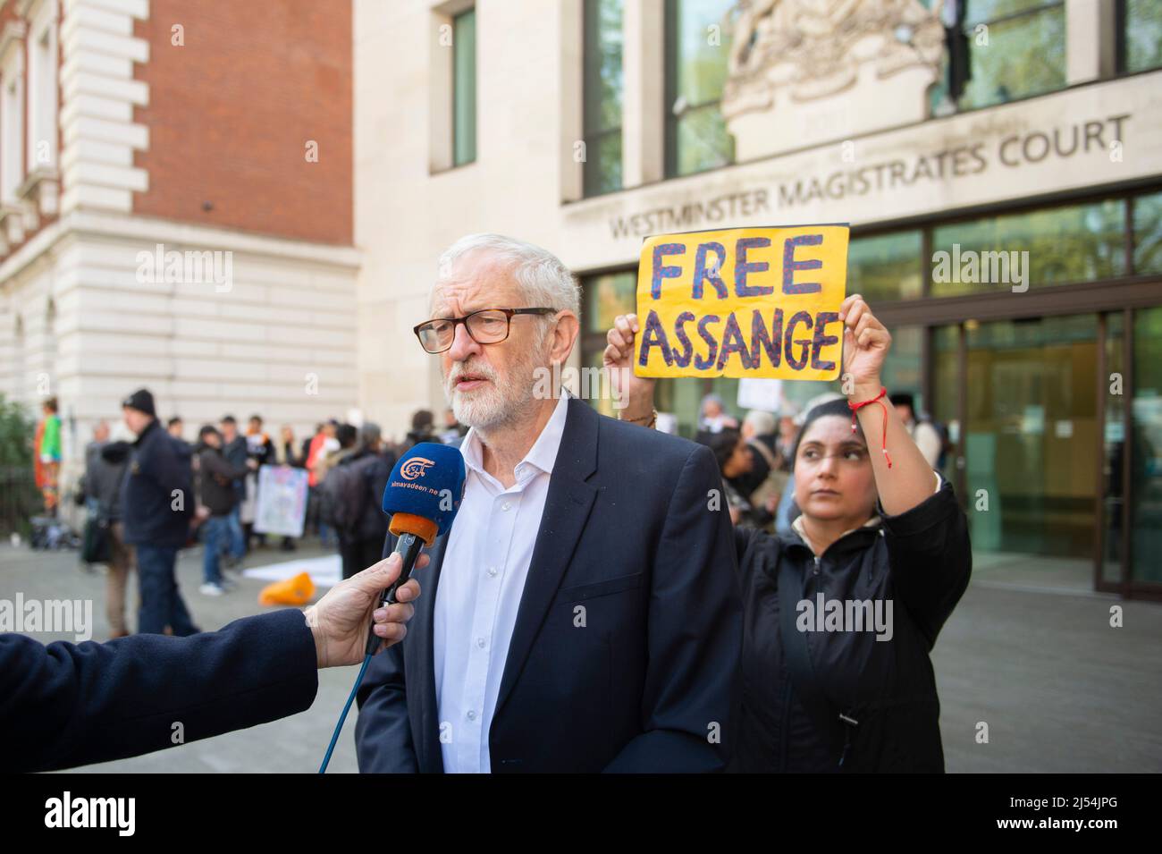 London, UK, London, UK. 20th Apr, 2022. Jeremy Corbyn speaks outside Westminister Magistrates Court following formal approval for the extradition of Julian Assange to the US on espionage charges, a decision to be made by the UK home secretary, Priti Patel. Credit: claire doherty/Alamy Live News Stock Photo
