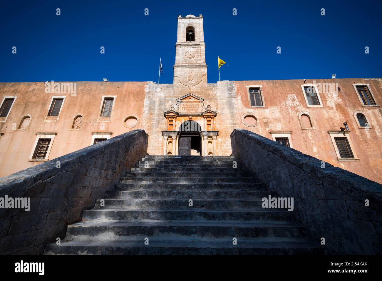 Looking up at the Agia Triada Monastery on Crete Stock Photo