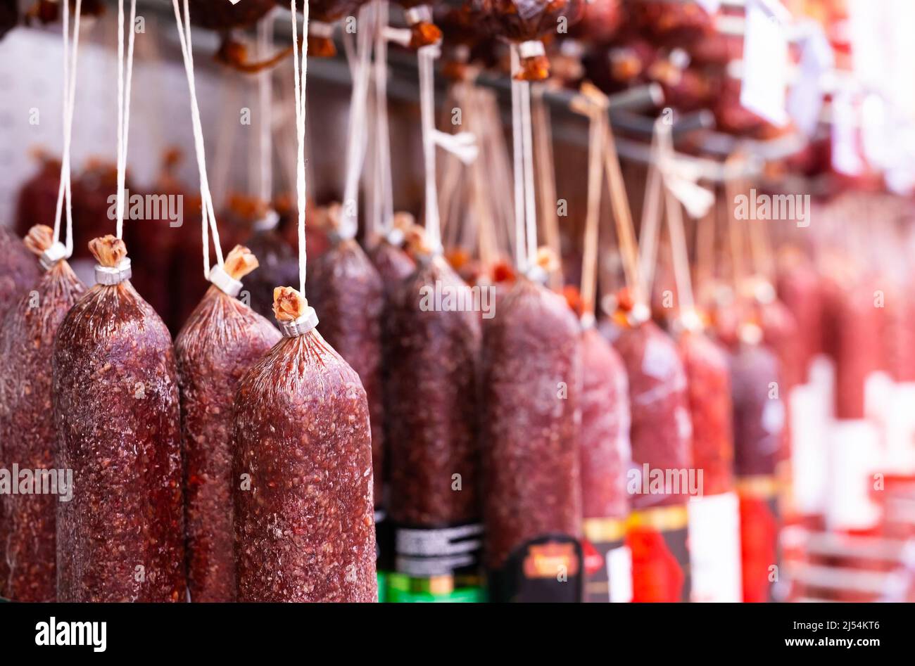 dried sausages on the counter Stock Photo Alamy