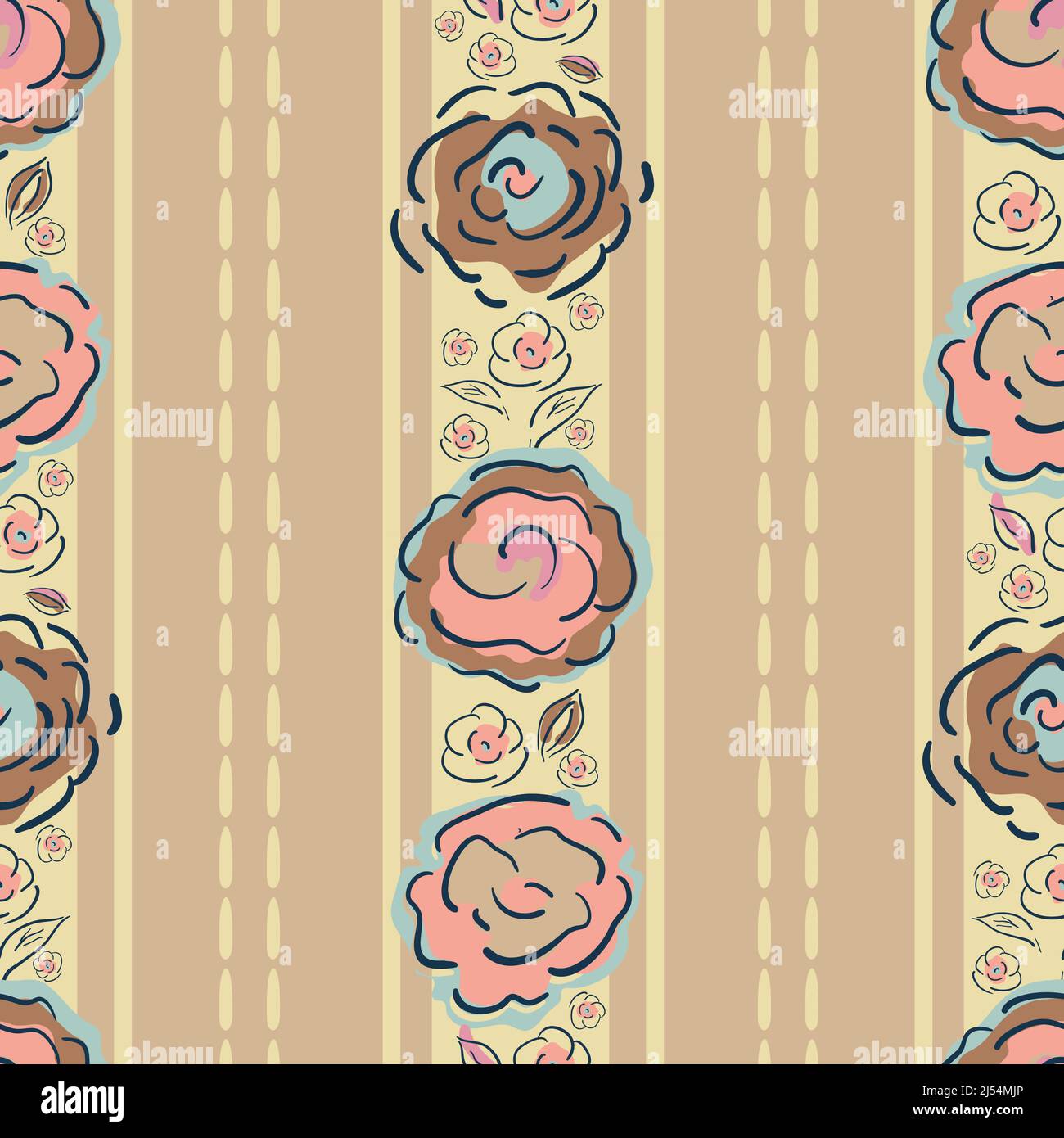 Striped peony blossom and leaves vector seamless pattern background. Cottage flower backdrop with vertical stitch stripes. Hand drawn line art Stock Vector