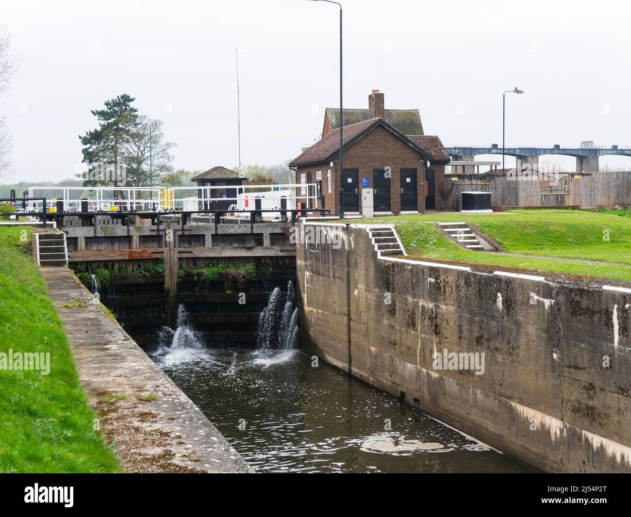Holme Lock Colwick Sluices built in 1955 to control the water flow of the River Trent to prevent flooding of Nottingham City England UK Stock Photo