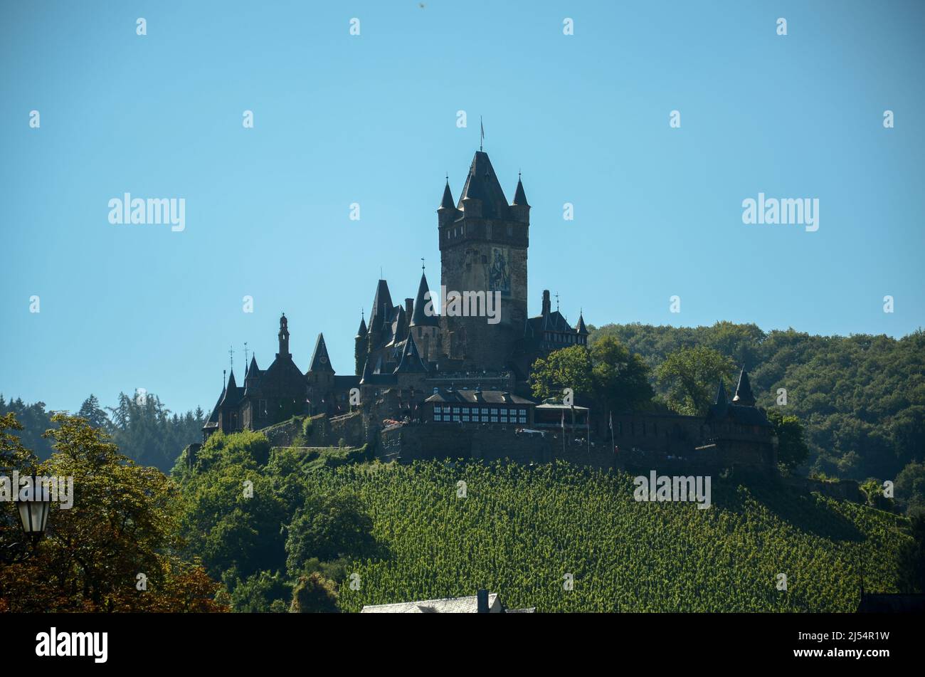 Reichsburg Cochem in Hunsrück lies on the green vineyards under blue sky with all its castle towers Stock Photo