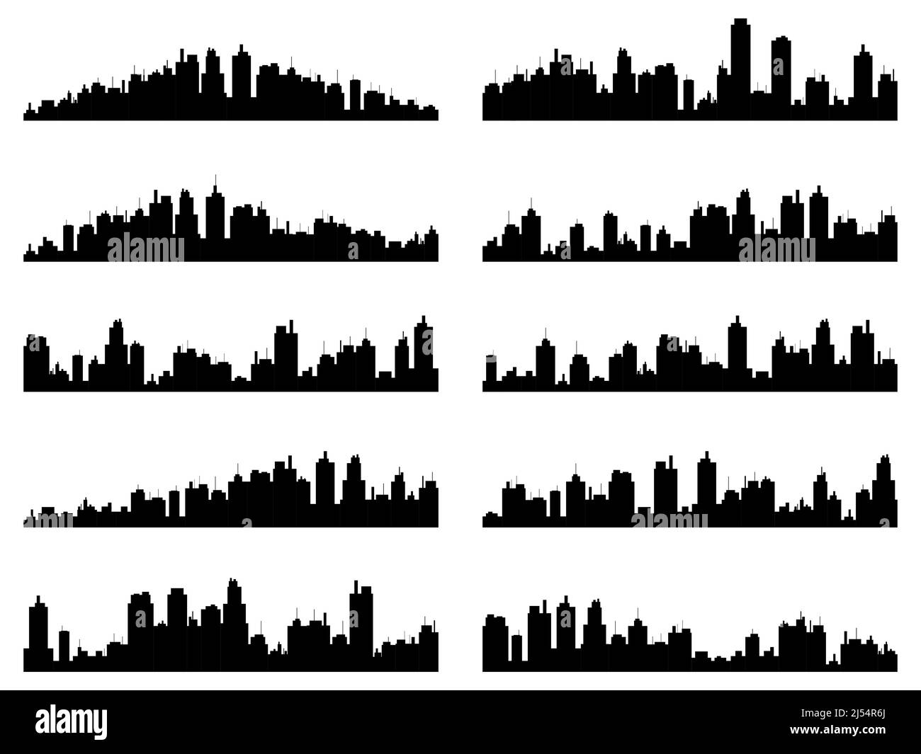 Set of urban landscapes. Black outline of the city with skyscrapers ...