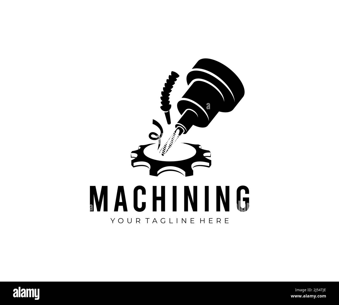 Machining, CNC milling machine makes a gear, logo design. Metalworking, coolant and lubrication in gear metalwork industry, vector design and illustra Stock Vector