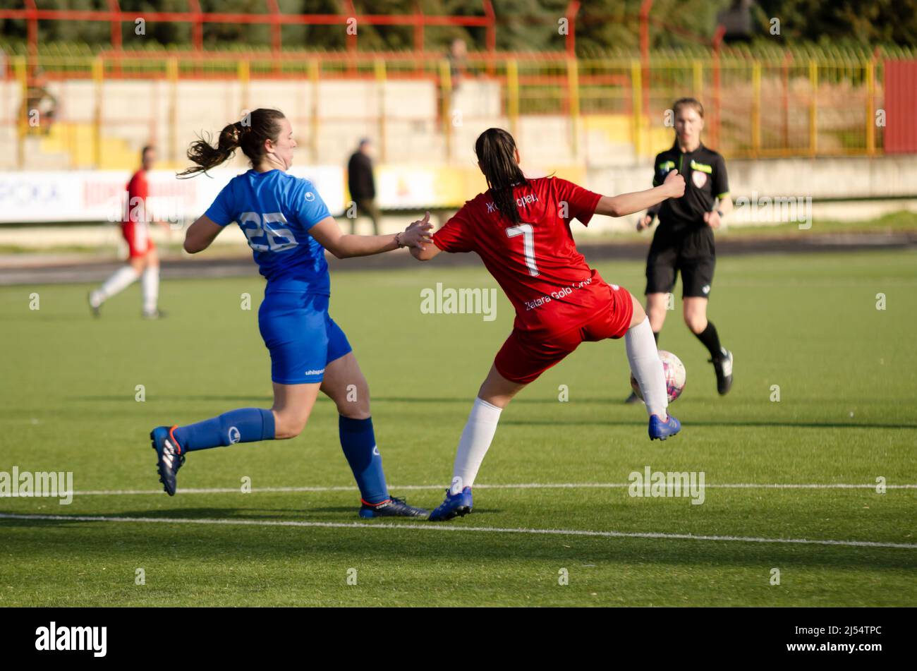 Women football, a tough duel between player Stock Photo