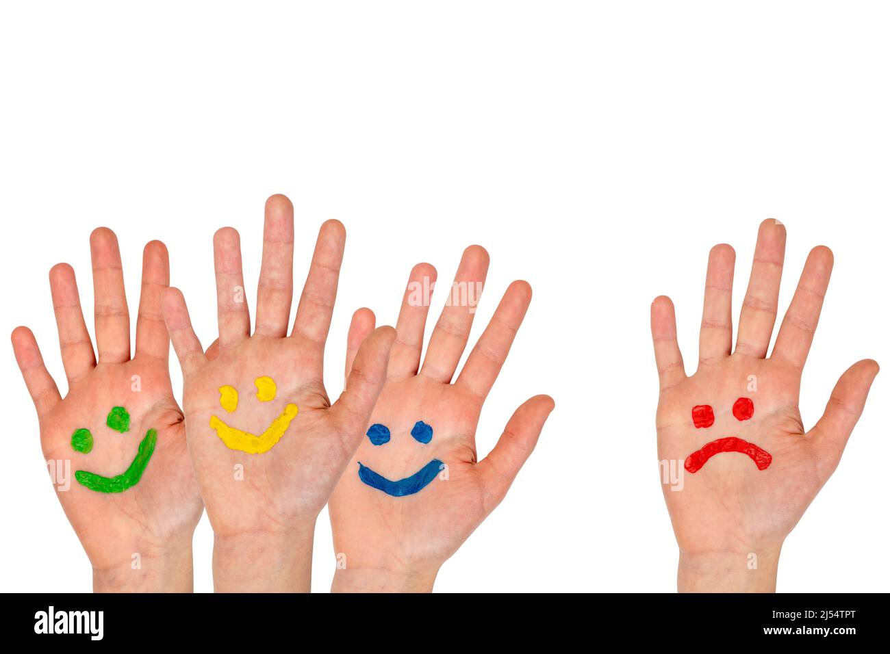 Hands with smiles and sadness pattern. Smiling and sad painted face reactions . Stock Photo