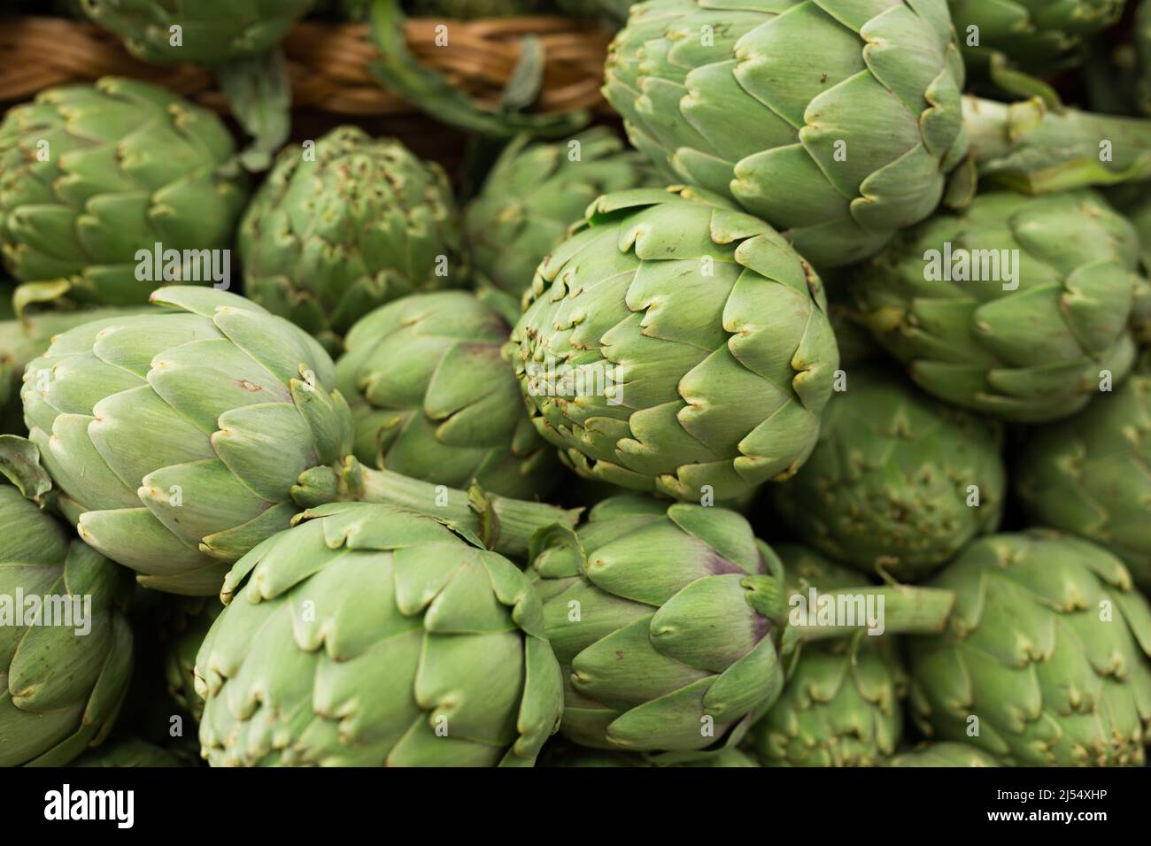 Fresh artichokes on market counter Stock Photo