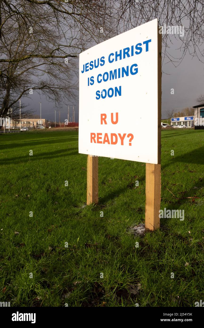 Evangelical Christian sign outside a church in Ballymena Co. Antrim reads 'Jesus Christ is coming soon R U Ready'? Stock Photo