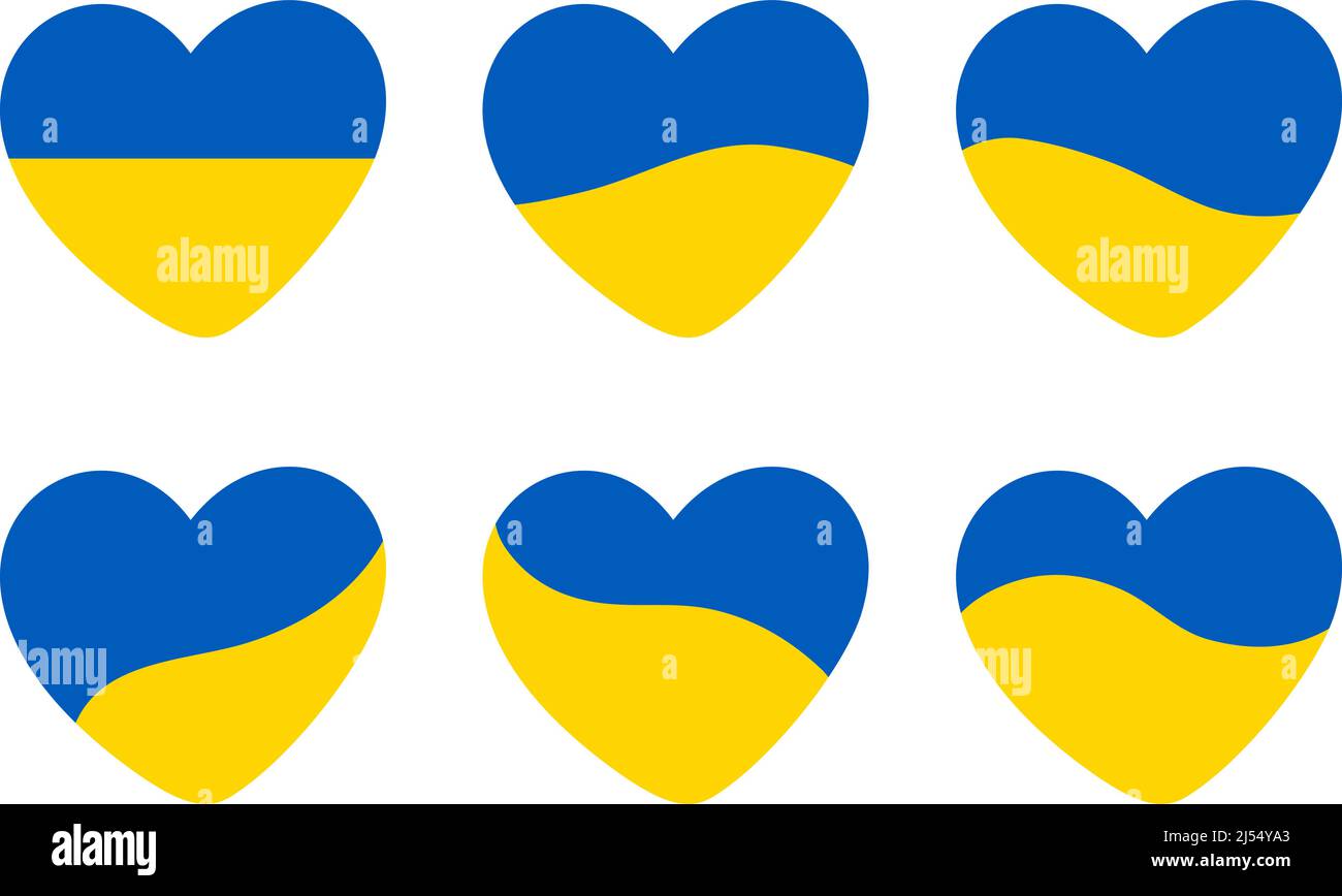 Set of heart shapes in yellow and blue colors of Ukrainian flag. Illustration symbolizing assistance to Ukraine. No war, no conflict Stock Vector