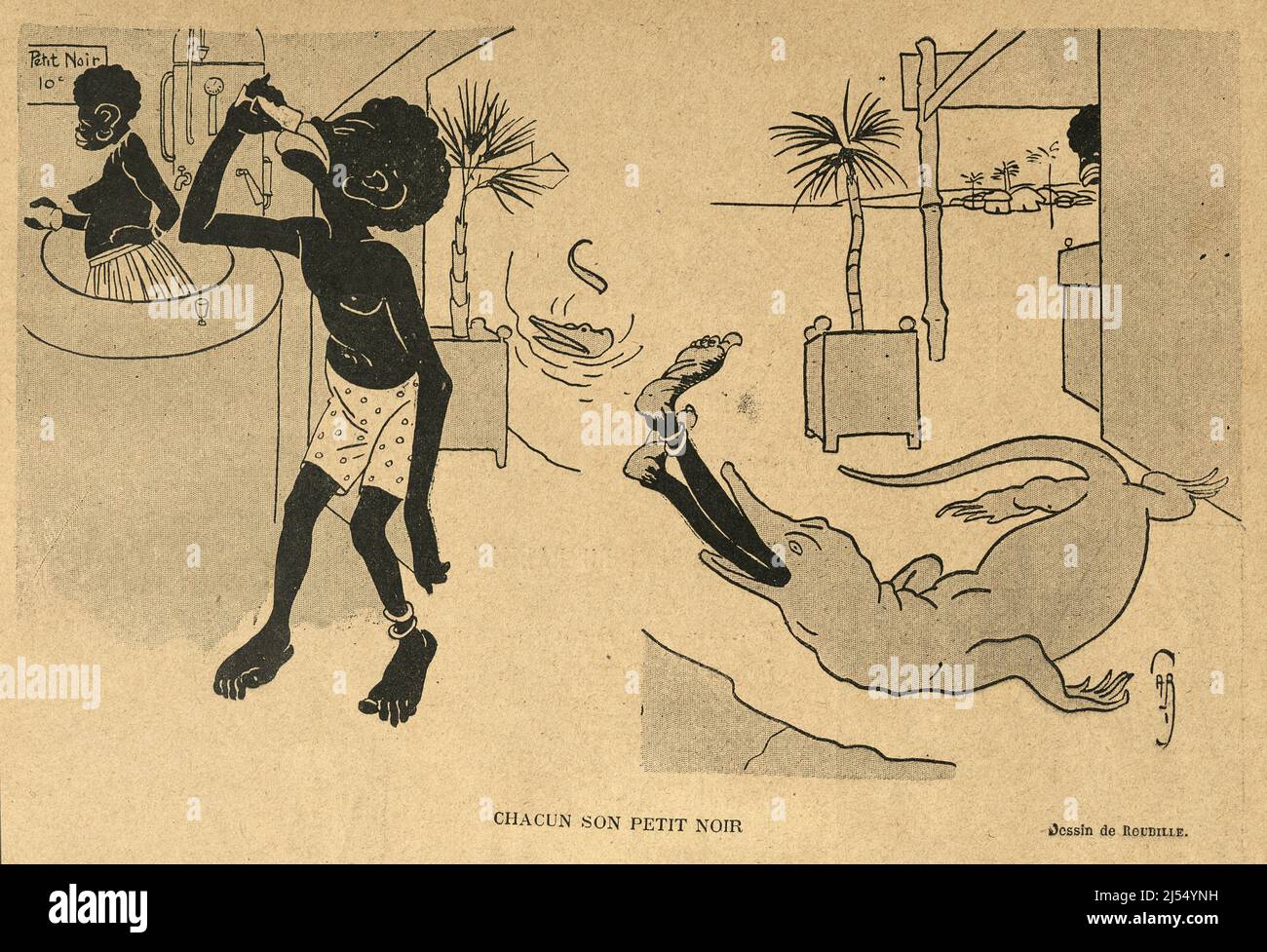 Vintage illustration French cartoon, 19th Century. Caracturie of African getting drunk and eaten by a crocodile Stock Photo