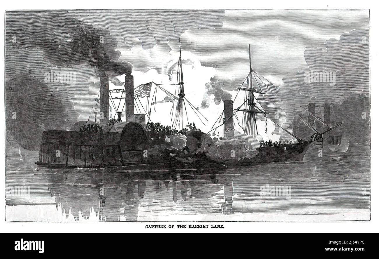 Confederate capture of the USRC Harriet Lane at the Battle of Galveston in the American Civil War. 19th century illustration Stock Photo