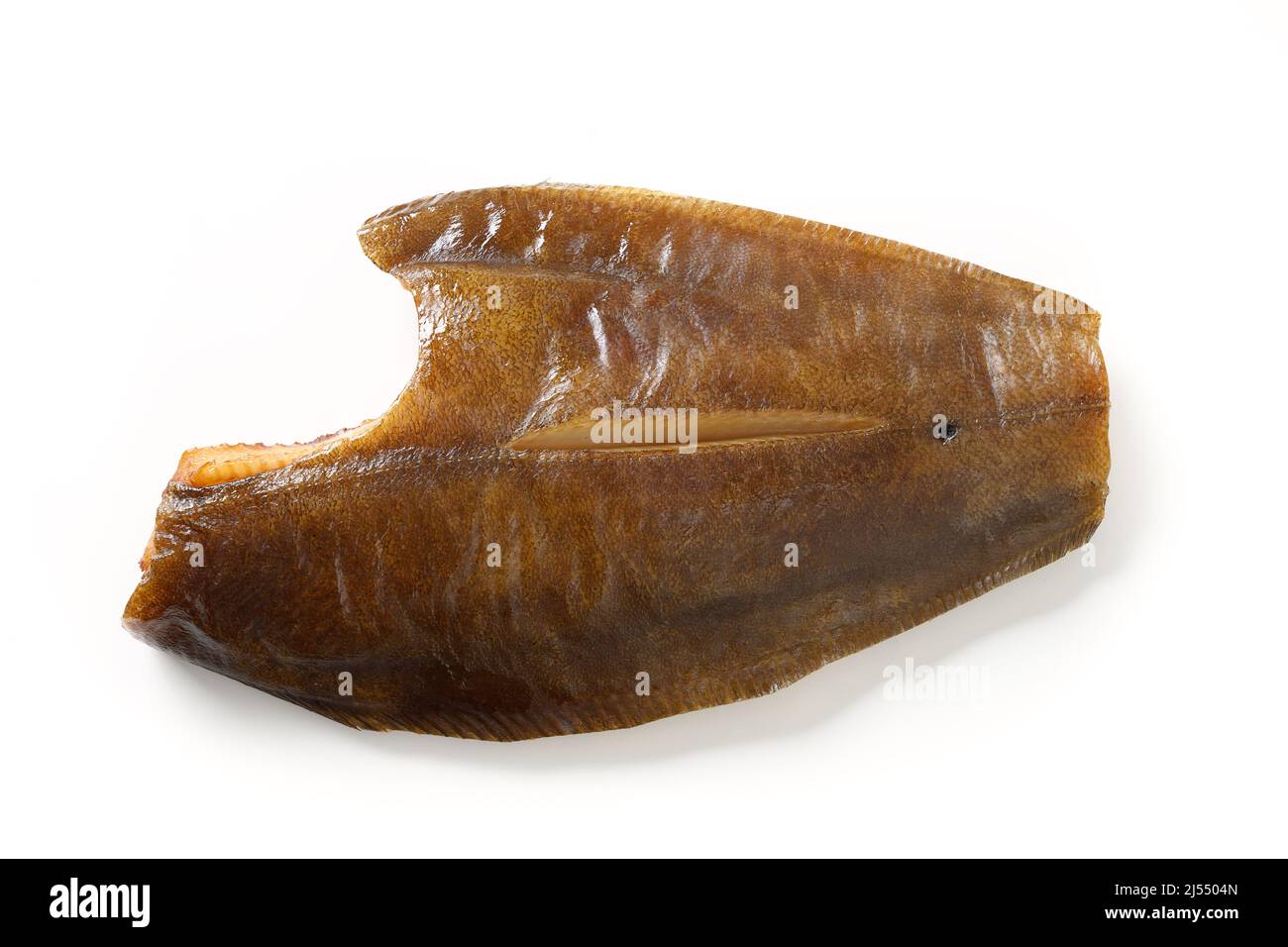 Atlantic salted whole smoked halibut isolated on white background. View from above. Stock Photo