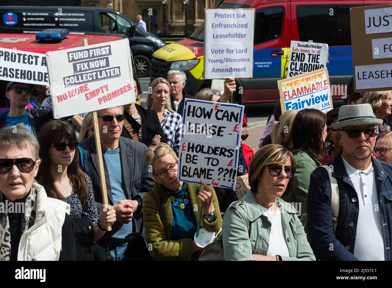 London, UK. 20th April, 2022. Leaseholders stage a rally outside Houses of Parliament calling on the Government to protect leaseholders from having to pay to remove dangerous cladding as the Building Safety Bill returns to the House of Commons. Credit: Wiktor Szymanowicz/Alamy Live News Stock Photo