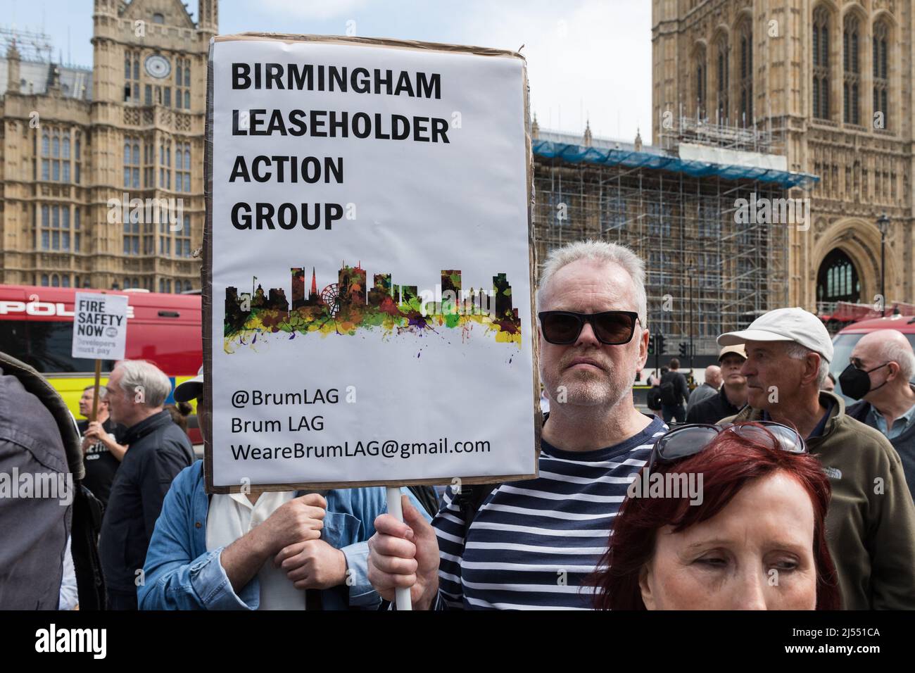 London, UK. 20th April, 2022. Leaseholders stage a rally outside Houses of Parliament calling on the Government to protect leaseholders from having to pay to remove dangerous cladding as the Building Safety Bill returns to the House of Commons. Credit: Wiktor Szymanowicz/Alamy Live News Stock Photo