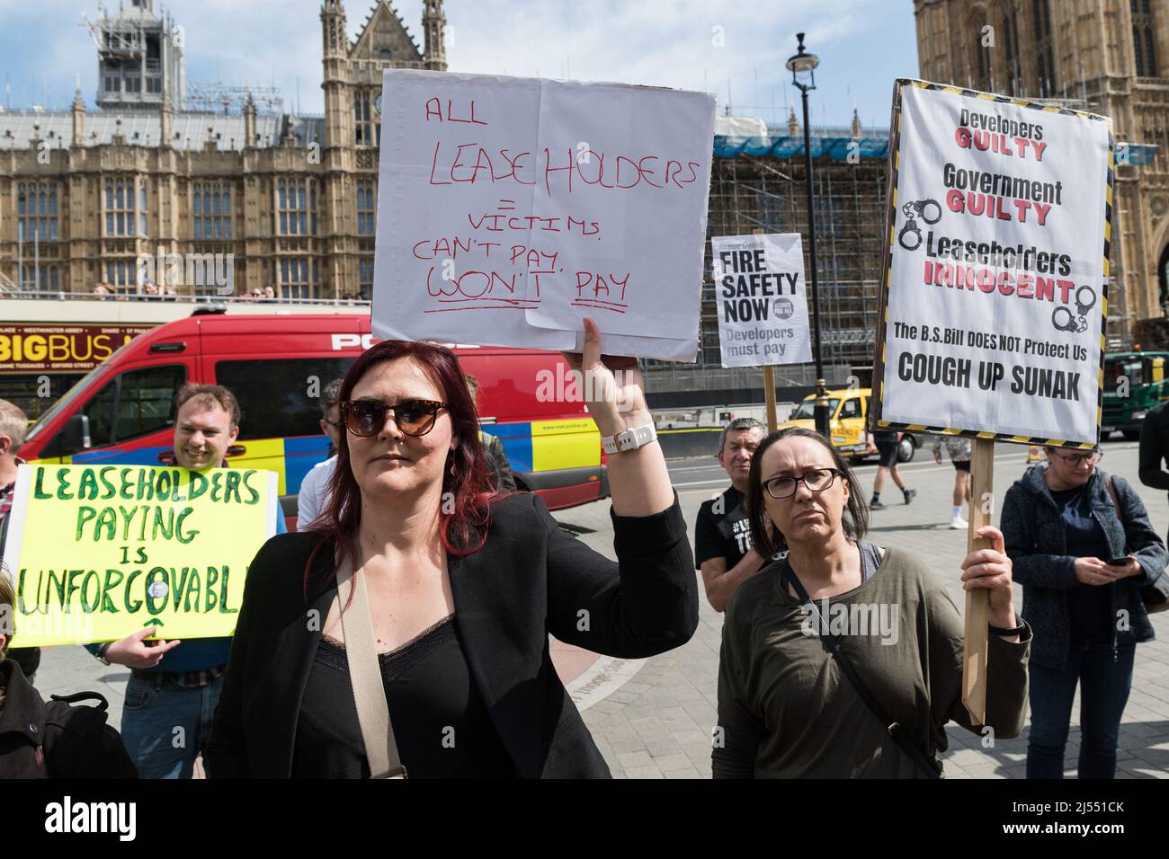 London, UK. 20th April, 2022. Leaseholders stage a rally outside Houses of Parliament calling on the Government to protect leaseholders from having to pay to remove dangerous cladding as the Building Safety Bill returns to the House of Commons. Credit: Wiktor Szymanowicz/Alamy Live News Stock Photo