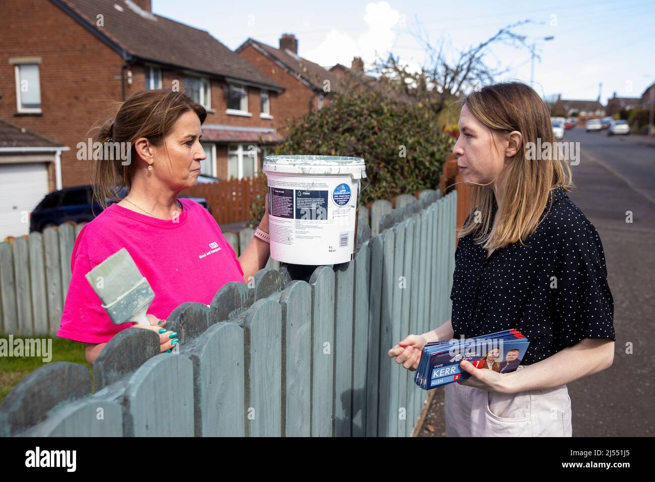 Lauren Kerr (right), UUP Belfast East candidate in upcoming the 2022 Northern Ireland Assembly election speaking with Jenny Elwood while canvassing in east Belfast. Stock Photo