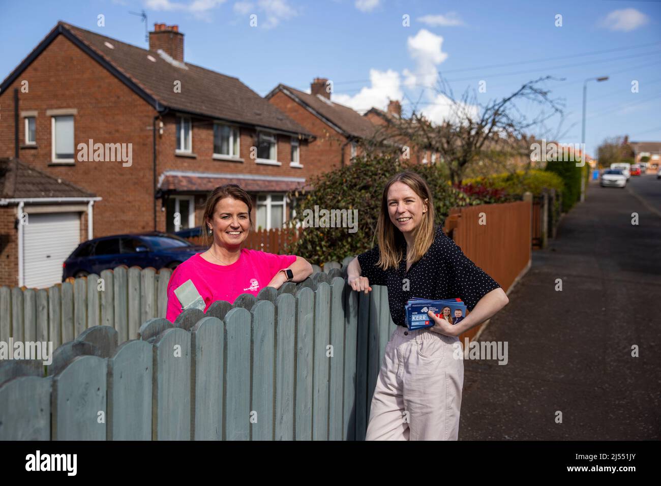 Lauren Kerr (right), UUP Belfast East candidate in upcoming the 2022 Northern Ireland Assembly election poses with Jenny Elwood while canvassing in east Belfast. Stock Photo