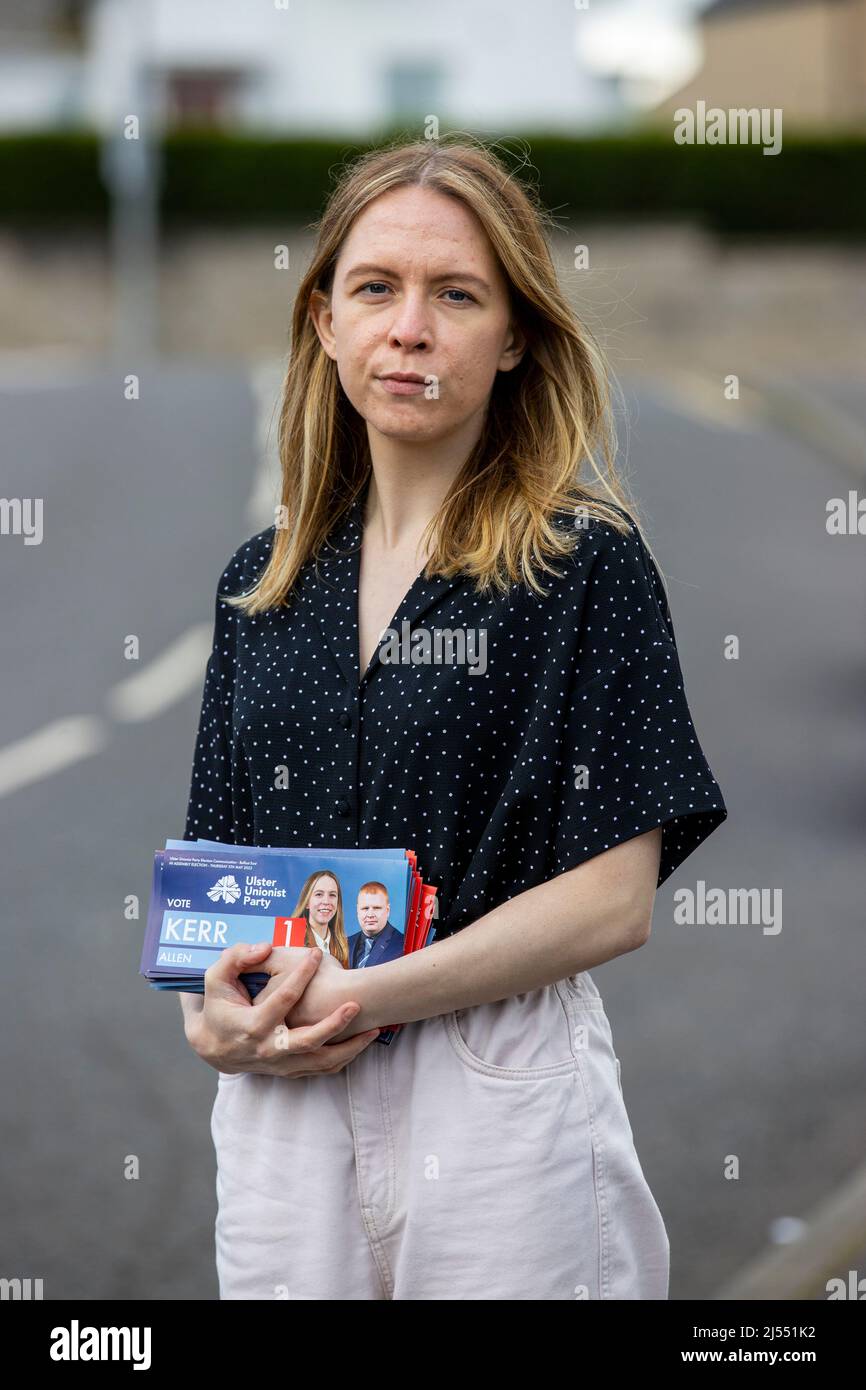 Lauren Kerr, UUP Belfast East candidate in upcoming the 2022 Northern Ireland Assembly election canvassing in east Belfast. Stock Photo