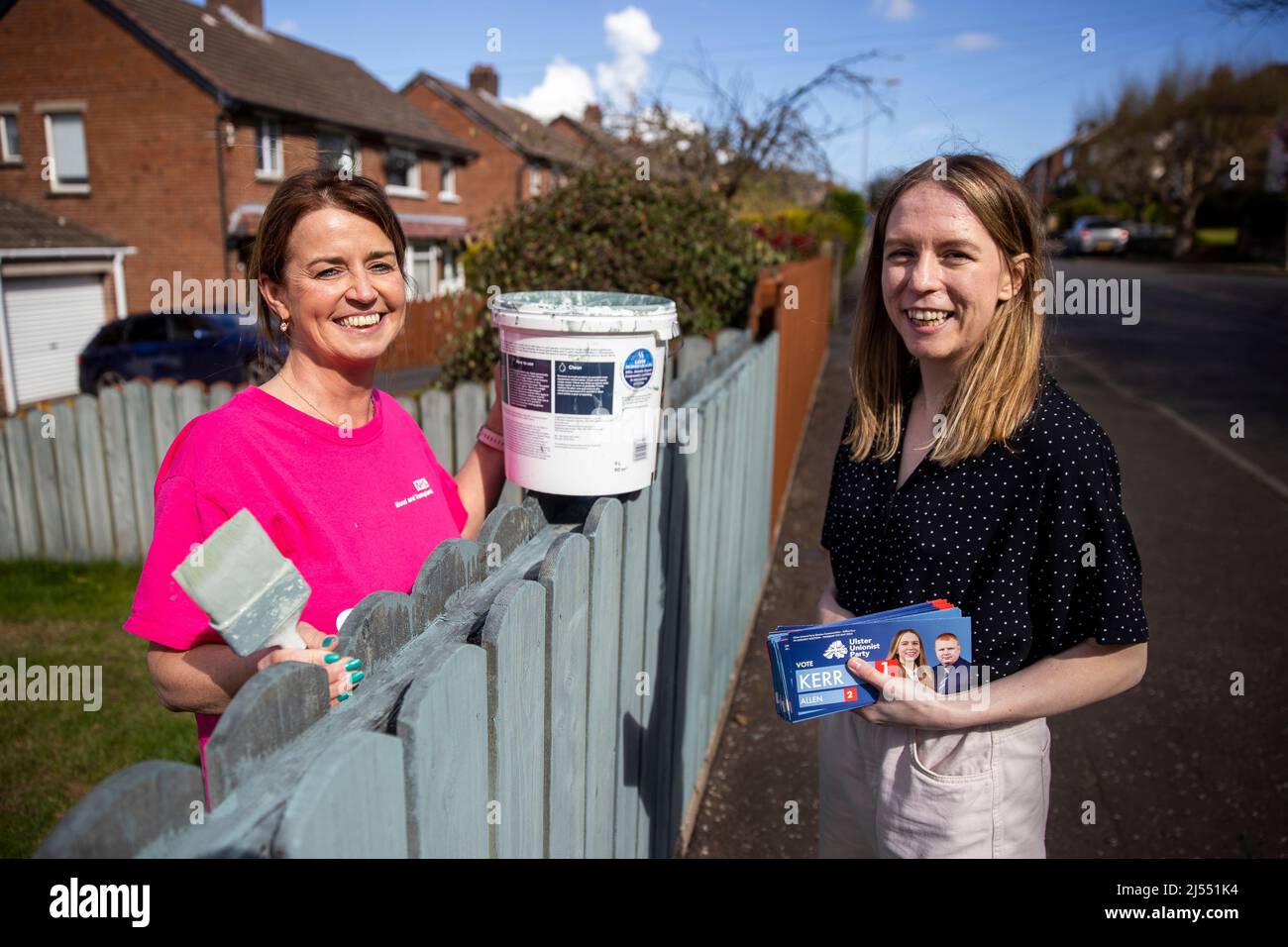 Lauren Kerr (right), UUP Belfast East candidate in upcoming the 2022 Northern Ireland Assembly election poses with Jenny Elwood while canvassing in east Belfast. Stock Photo