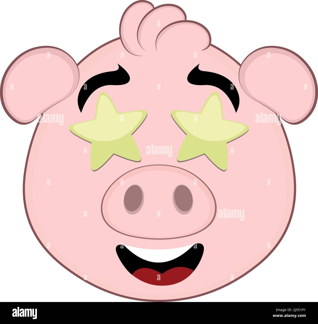 Vector illustration of a cartoon pig face with a happy expression and star shaped eyes Stock Vector