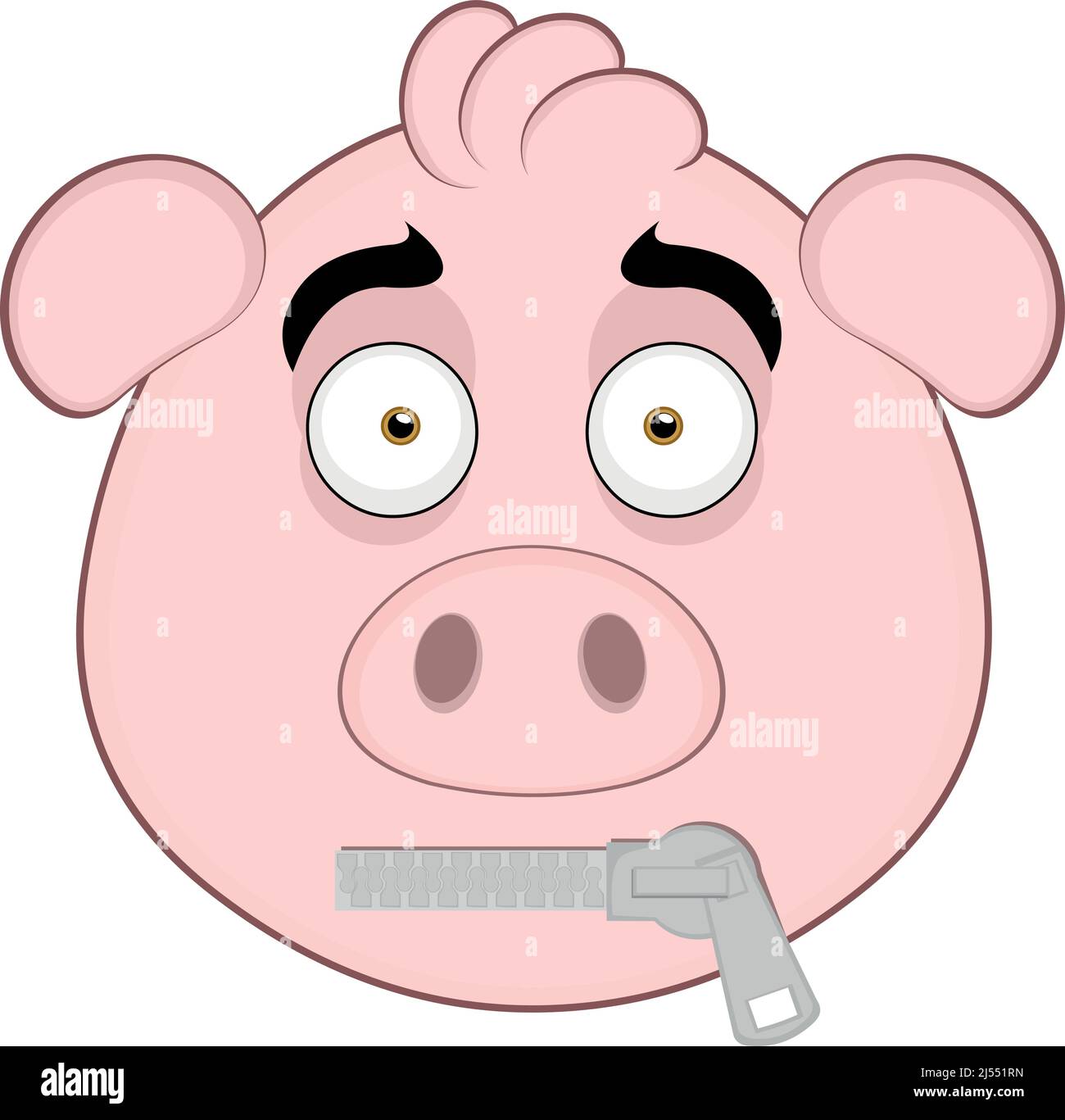 Vector illustration of the face of a cartoon pig with a zipper in the mouth Stock Vector