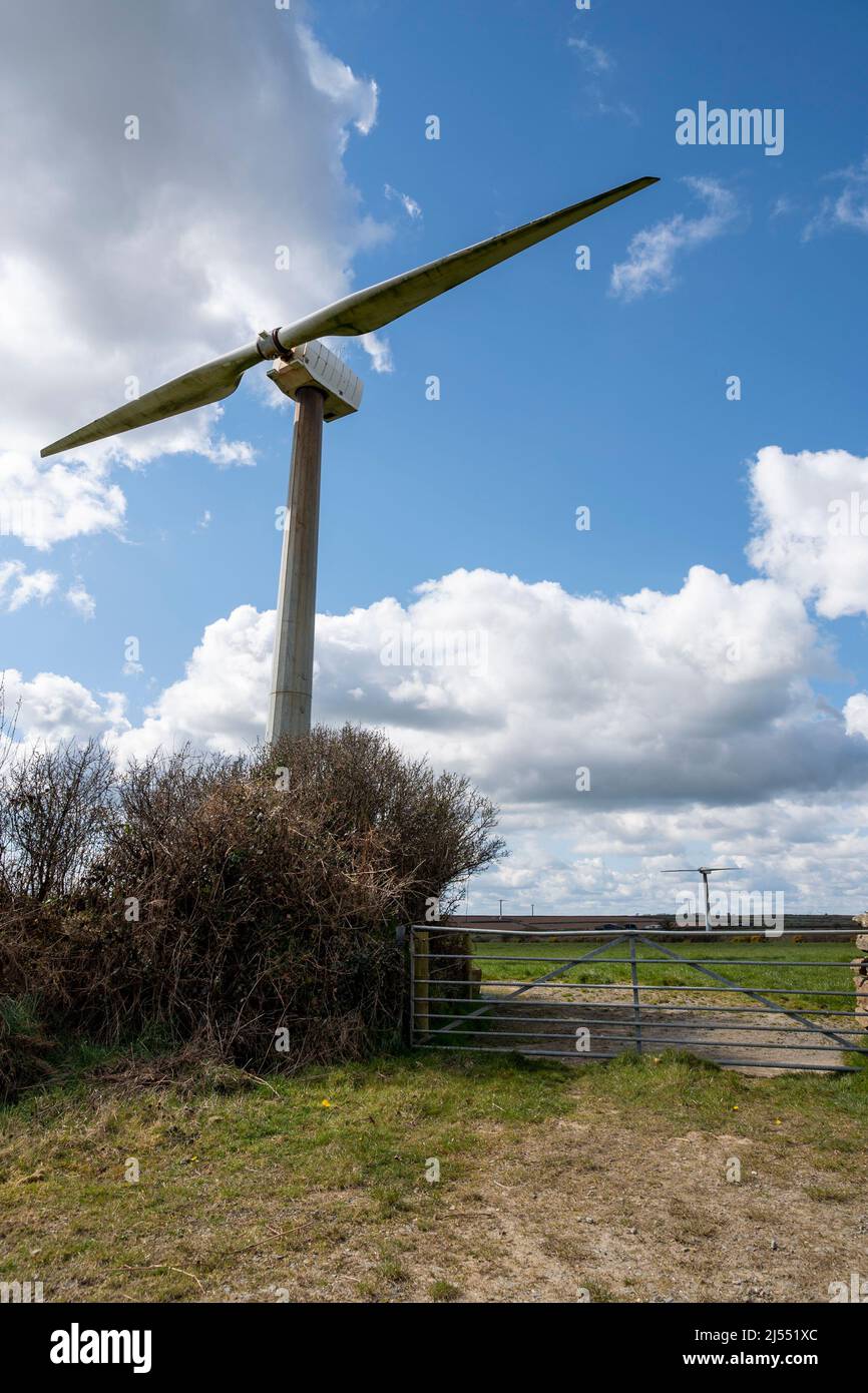 Two bladed wind turbines at the Cold Northcott site, North Cornwall, UK. Stock Photo
