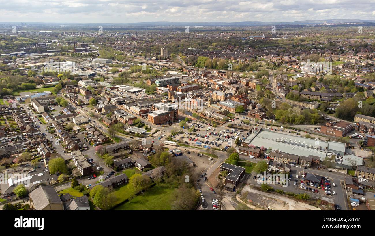 Aerial view of the mill town of Stalybridge in Greater Manchester, situated on the boundary of Greater Manchester and Cheshire Stock Photo