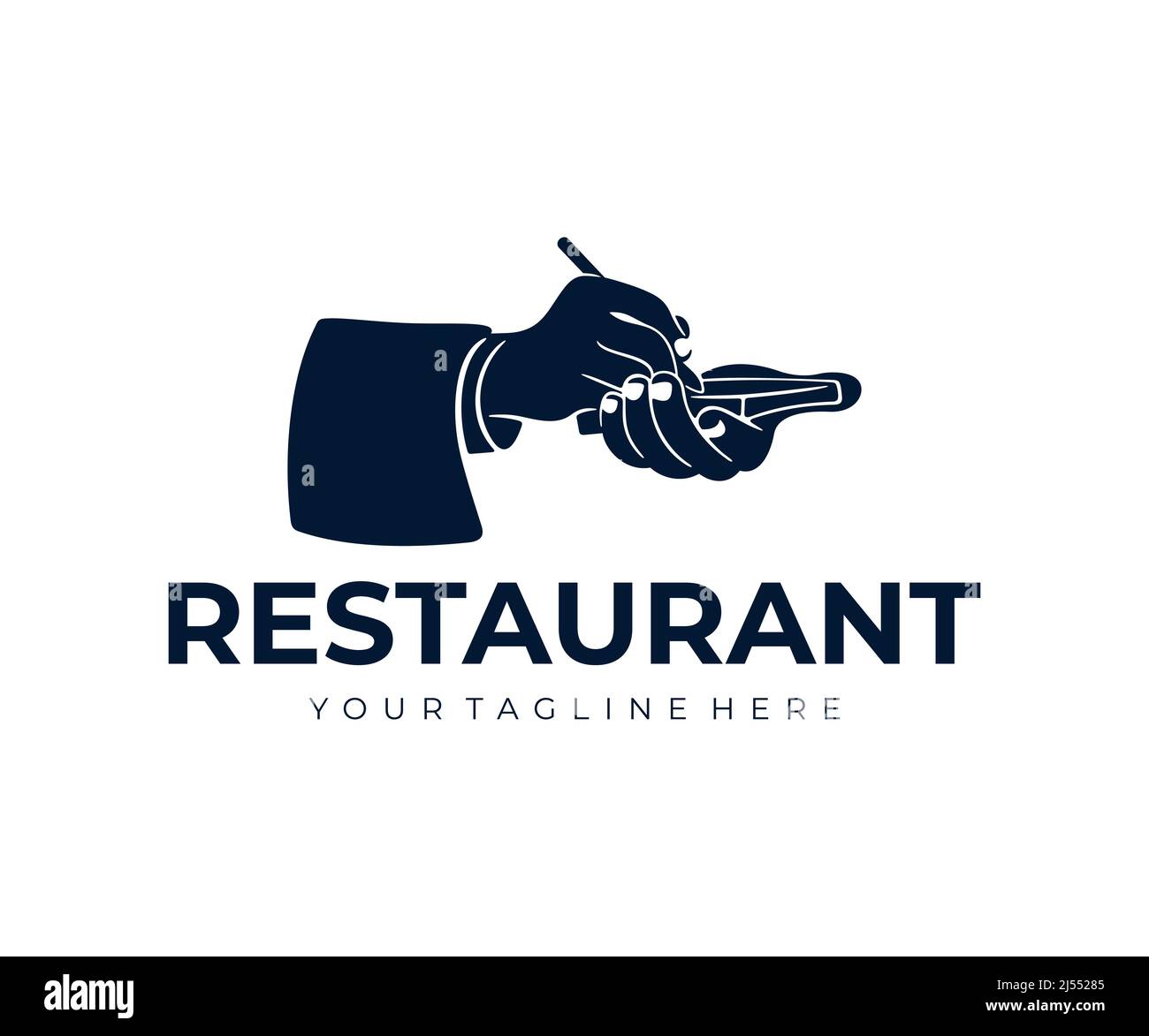 Waiter takes the order, restaurant, food and meal, logo design. Catering, canteen, eatery, vector design and illustration Stock Vector