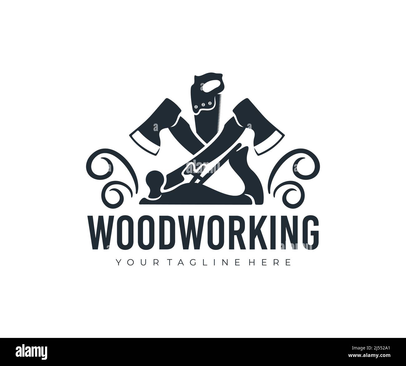 Woodworking, hand saw, axes and planer, logo design. Construction, building, carpentry and  joiner, vector design and illustration Stock Vector