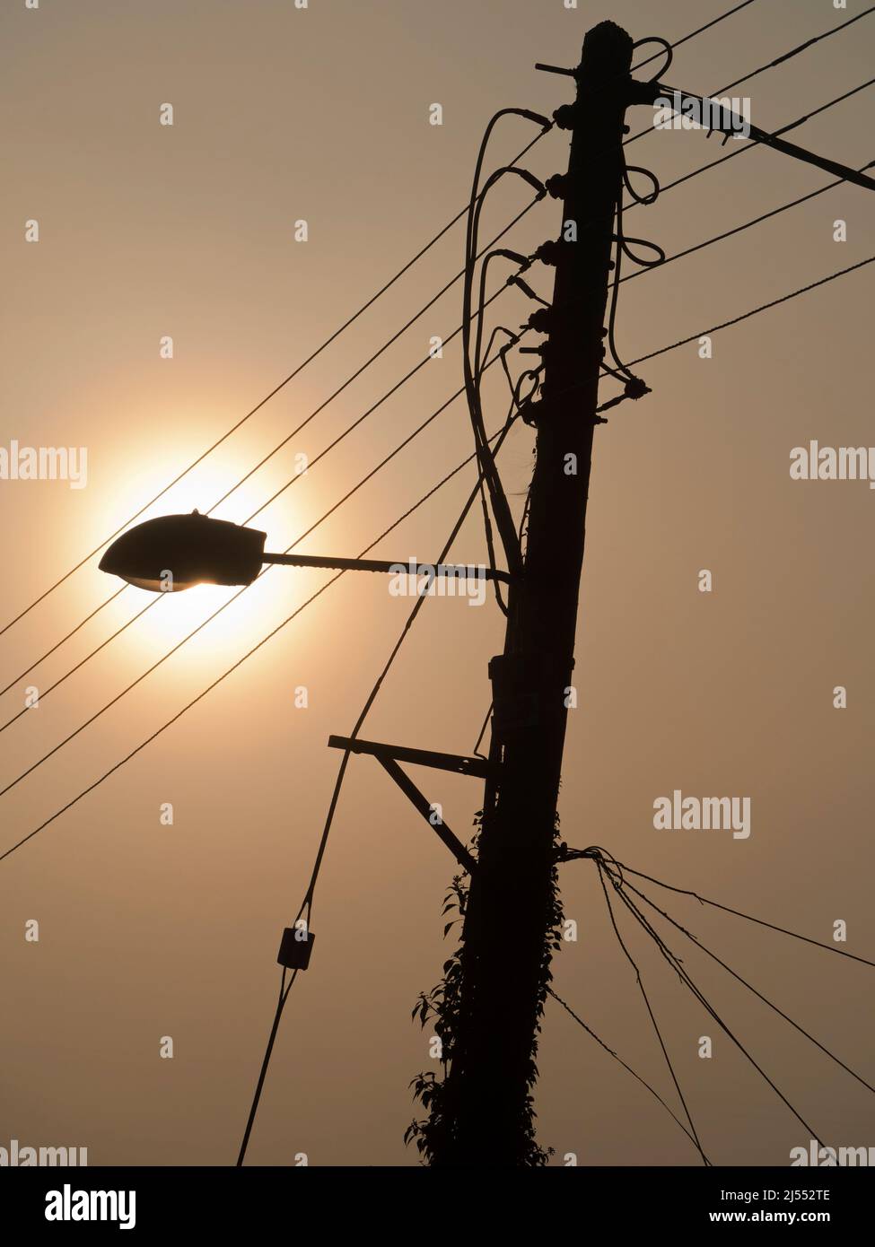 Here we see pole carrying a street light and assorted cables on my walk through Lower Radley to the River Thames; it's all lit up by a glowing Spring Stock Photo