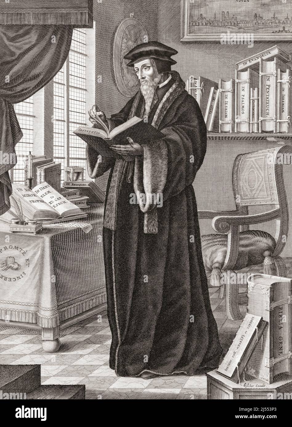 John Calvin, born Jehan Cauvin, 1509 –1564.  French theologian, pastor and reformer in Geneva during the Protestant Reformation.  After a work by François Stuerhelt. Stock Photo