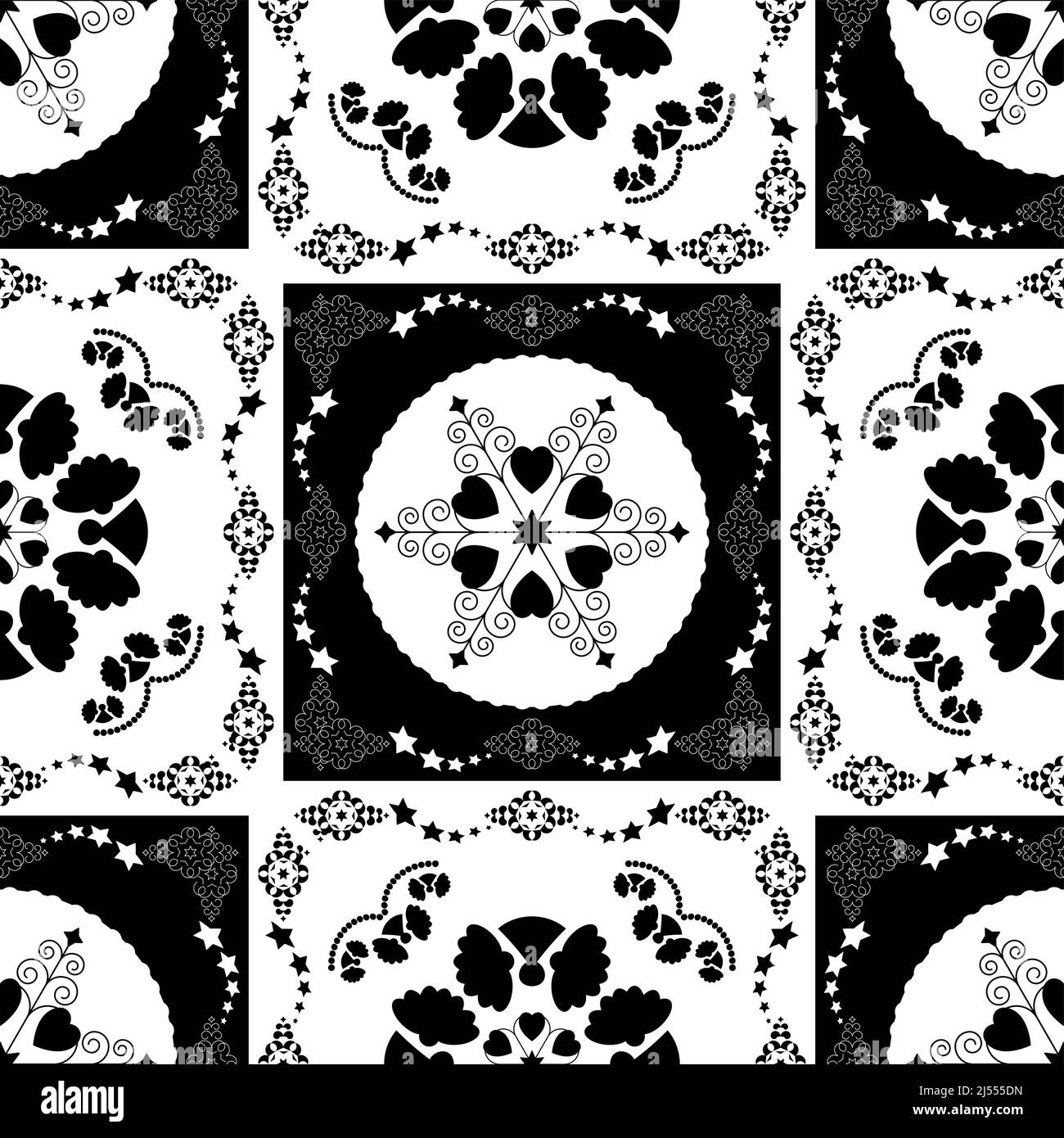 Seamless pattern. Christmas theme. Pretty mandalas with angels and hearts. Black and white. Vector illustration. Stock Vector