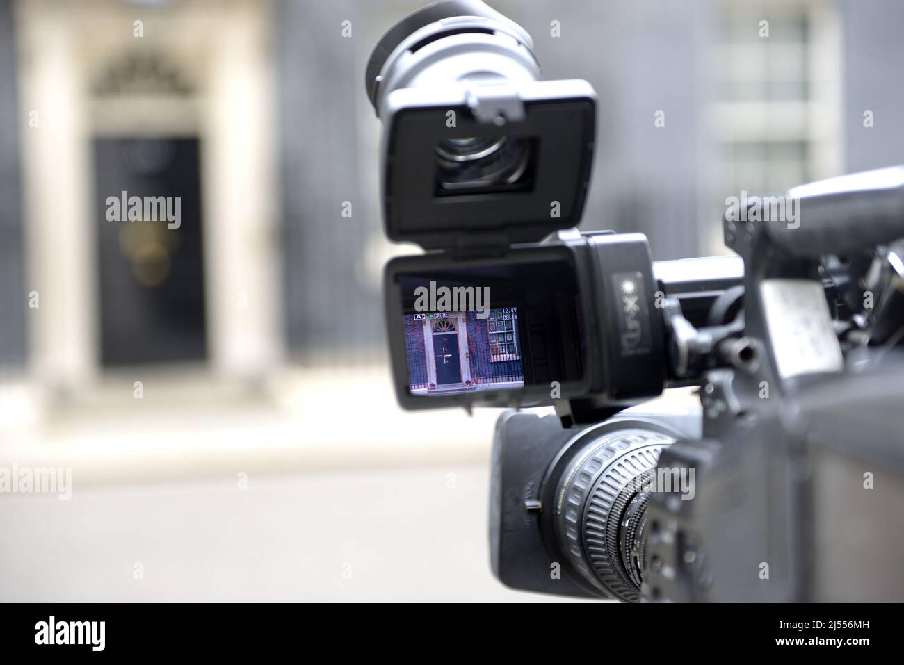 London, England, UK. TV camera in Downing Street, focussed on the door of Number 10 Stock Photo