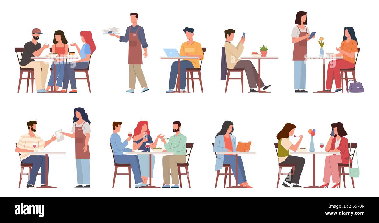 Cafe visitors people. Persons sitting restaurant tables, business lunchtime, waiters take orders. Men and women eating and drinking on meeting, vector Stock Vector