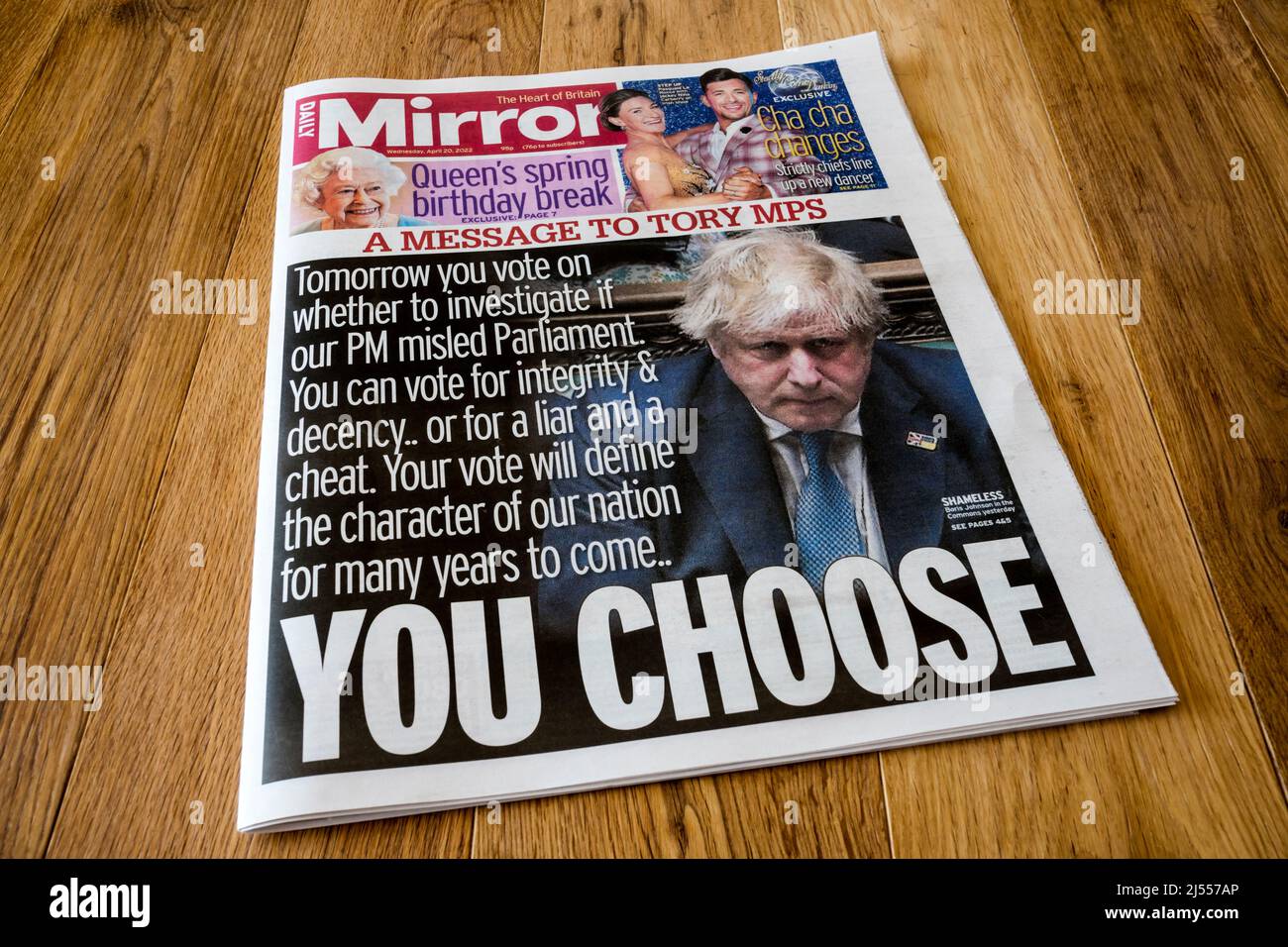 20 April 2022.  A front page Message to Tory MPs by the Daily Mirror. Stock Photo