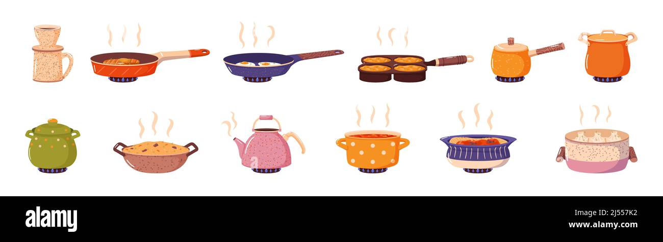 Cooking food. Cartoon hot meals and drinks, different types kitchen utensils, pans with boiling and frying, kettles and ladles, preparing dinner and Stock Vector