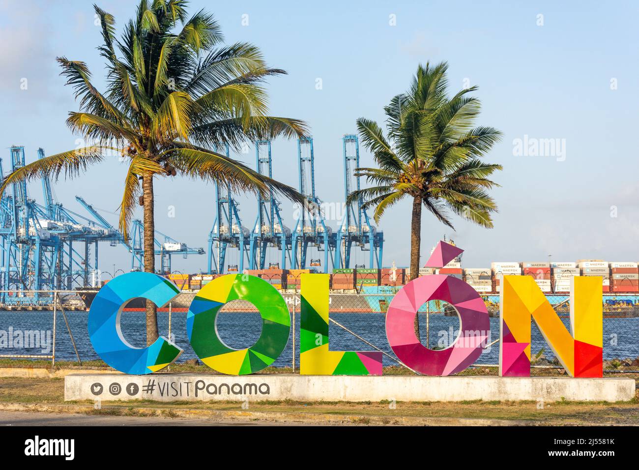 Colon sign and harbour, Colon, Colon Province, Republic of Panama Stock Photo